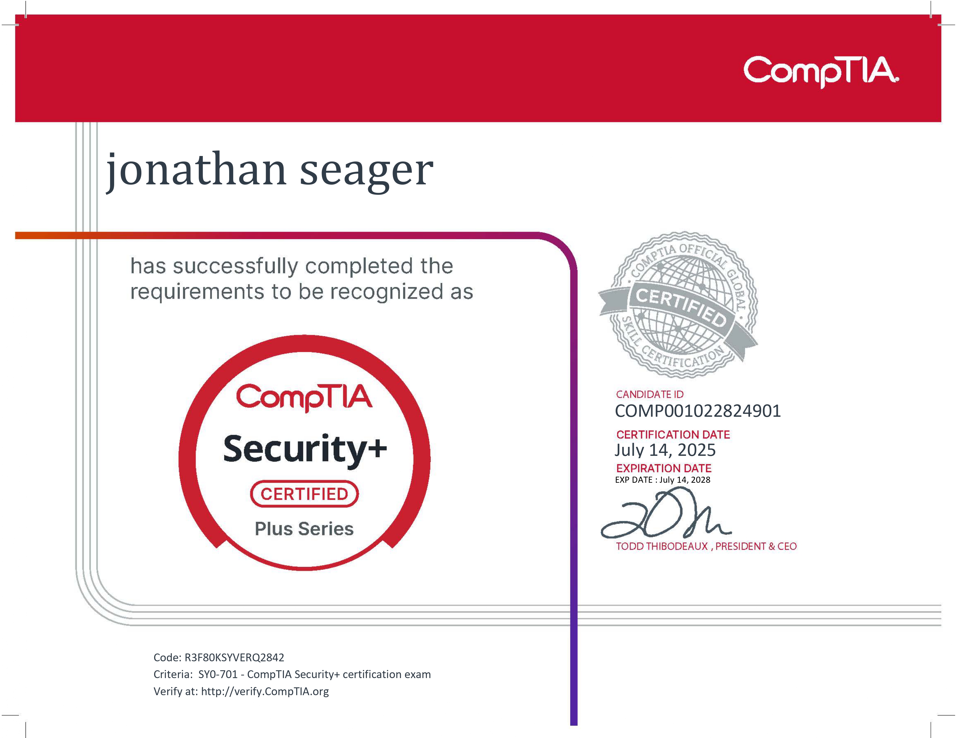 CompTIA Security + certification